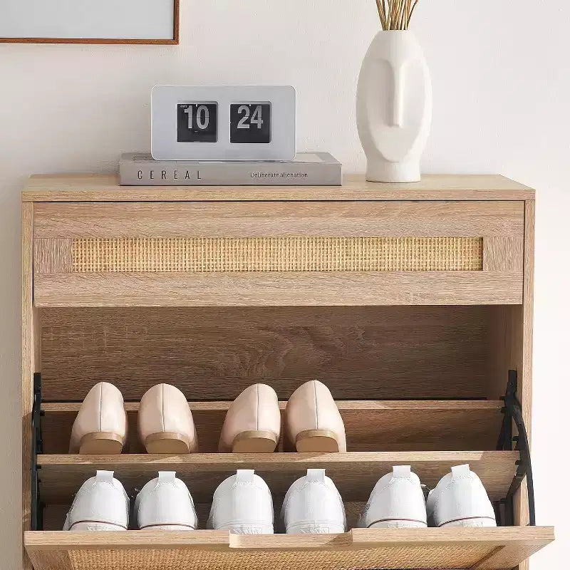Farmhouse Rattan Shoe Cabinet - 3-Tier Slim Wooden Shoe Rack with 3 Drawers & Adjustable Shelves