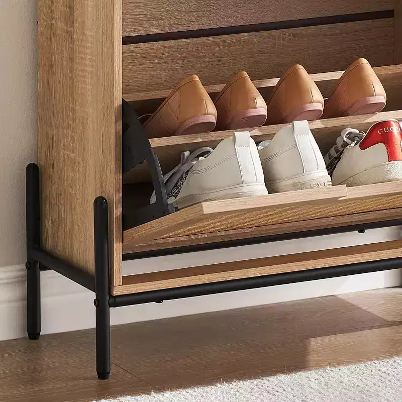 Farmhouse Rattan Shoe Cabinet - 3-Tier Slim Wooden Shoe Rack with 3 Drawers & Adjustable Shelves