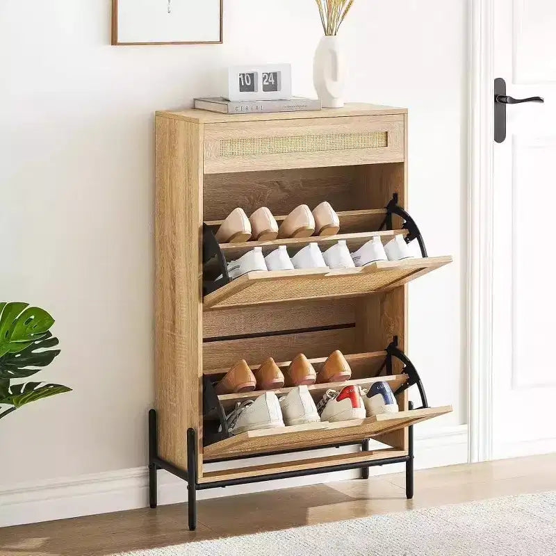 Farmhouse Rattan Shoe Cabinet - 3-Tier Slim Wooden Shoe Rack with 3 Drawers & Adjustable Shelves