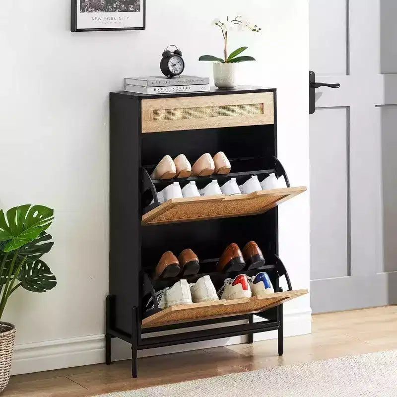 Farmhouse Rattan Shoe Cabinet - 3-Tier Slim Wooden Shoe Rack with 3 Drawers & Adjustable Shelves