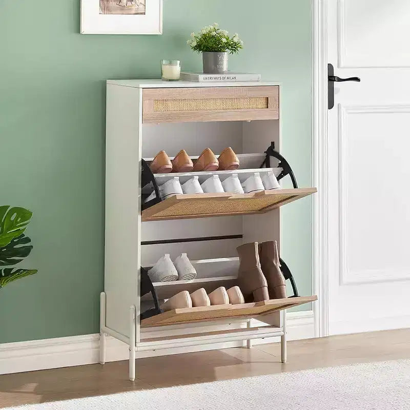 Farmhouse Rattan Shoe Cabinet - 3-Tier Slim Wooden Shoe Rack with 3 Drawers & Adjustable Shelves