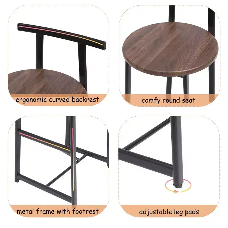 Counter Height Bar Stools Set of 3,Bar Chairs with Ergonomic Backrest & Steel Base,Armless Chairs for Kitchen Island,Home Bar,Dining Room