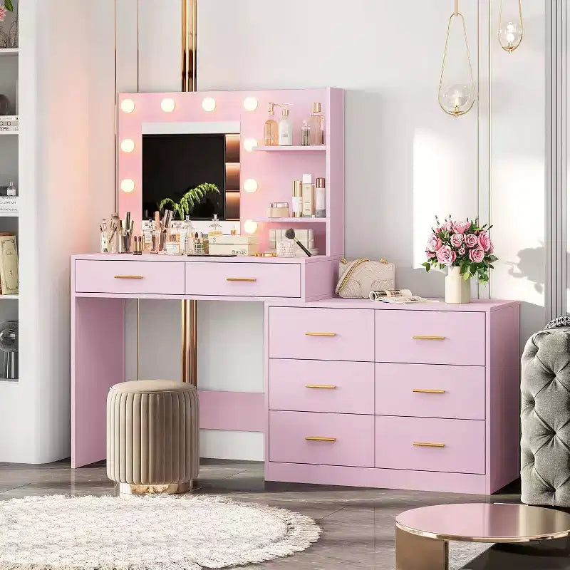 61 Makeup Vanity Desk with Mirror & Lights, 8 Wide Drawers & 2 Shelves, 3 Lighting Modes, Adjustable Brightness