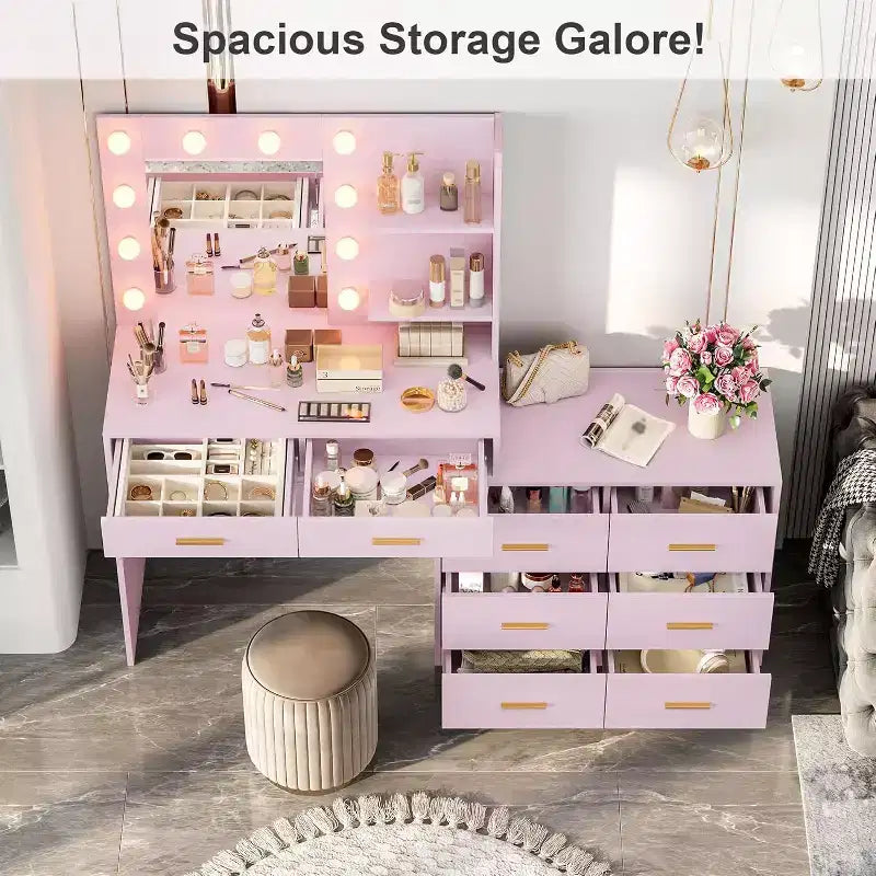 61 Makeup Vanity Desk with Mirror & Lights, 8 Wide Drawers & 2 Shelves, 3 Lighting Modes, Adjustable Brightness