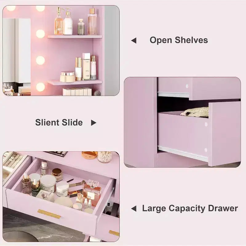 61 Makeup Vanity Desk with Mirror & Lights, 8 Wide Drawers & 2 Shelves, 3 Lighting Modes, Adjustable Brightness