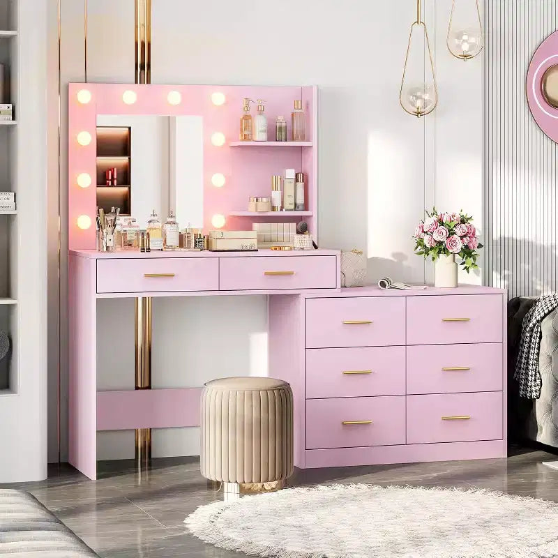 61 Makeup Vanity Desk with Mirror & Lights, 8 Wide Drawers & 2 Shelves, 3 Lighting Modes, Adjustable Brightness