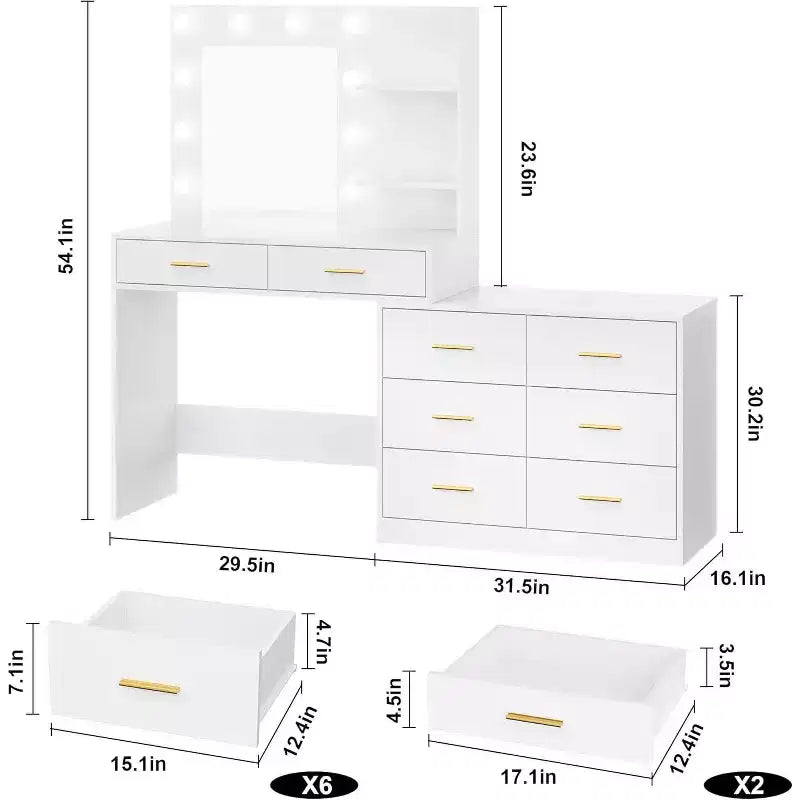 61 Makeup Vanity Desk with Mirror & Lights, 8 Wide Drawers & 2 Shelves, 3 Lighting Modes, Adjustable Brightness