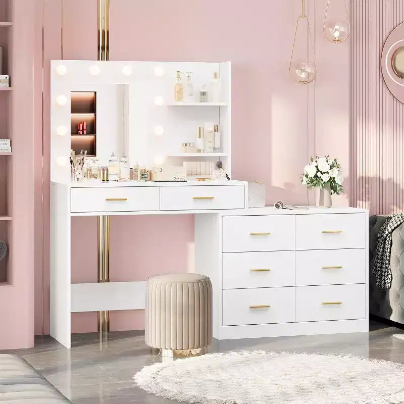 61 Makeup Vanity Desk with Mirror & Lights, 8 Wide Drawers & 2 Shelves, 3 Lighting Modes, Adjustable Brightness