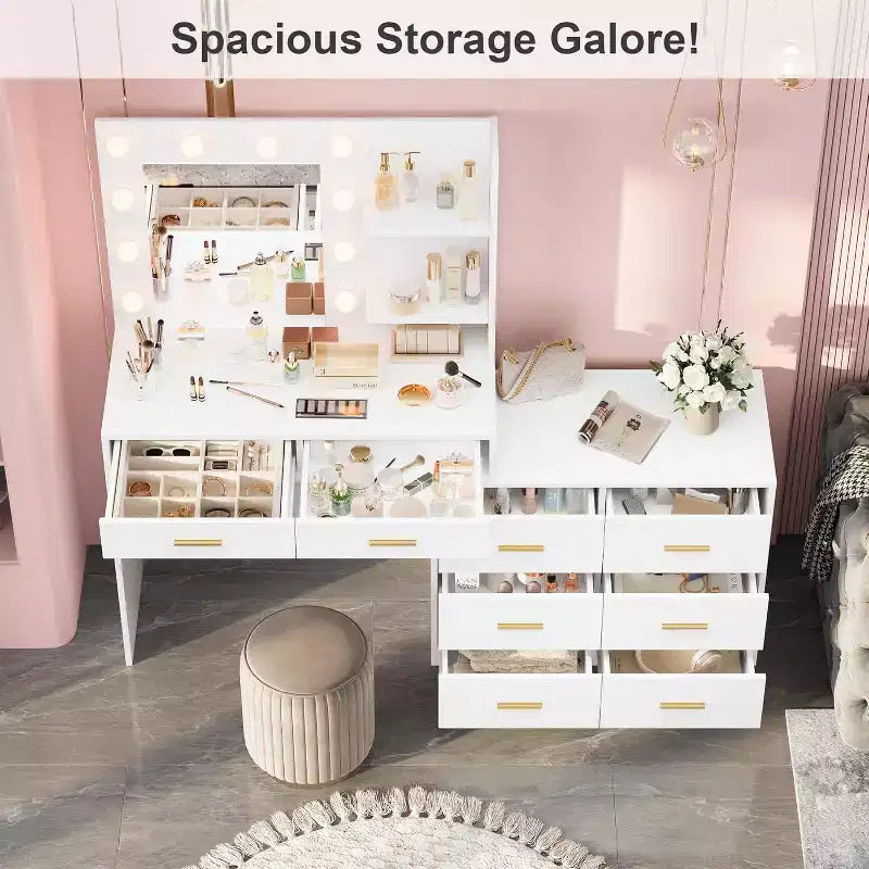 61 Makeup Vanity Desk with Mirror & Lights, 8 Wide Drawers & 2 Shelves, 3 Lighting Modes, Adjustable Brightness