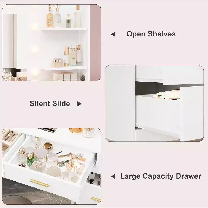 61 Makeup Vanity Desk with Mirror & Lights, 8 Wide Drawers & 2 Shelves, 3 Lighting Modes, Adjustable Brightness