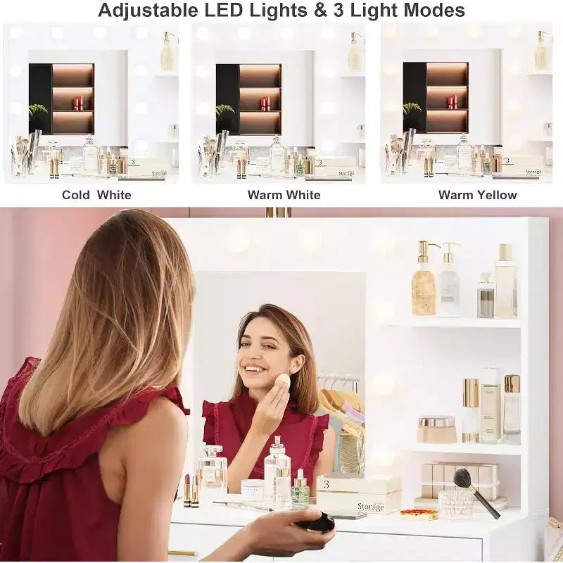 61 Makeup Vanity Desk with Mirror & Lights, 8 Wide Drawers & 2 Shelves, 3 Lighting Modes, Adjustable Brightness