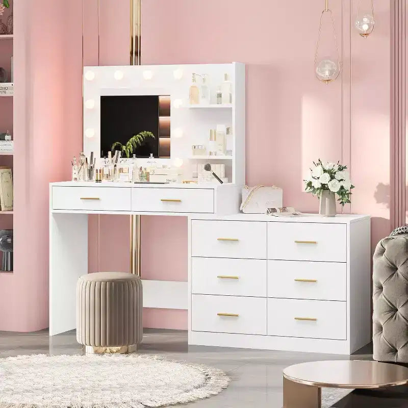 61 Makeup Vanity Desk with Mirror & Lights, 8 Wide Drawers & 2 Shelves, 3 Lighting Modes, Adjustable Brightness