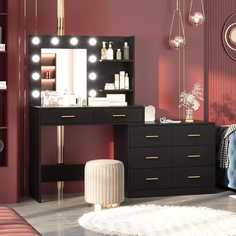 61 Makeup Vanity Desk with Mirror & Lights, 8 Wide Drawers & 2 Shelves, 3 Lighting Modes, Adjustable Brightness