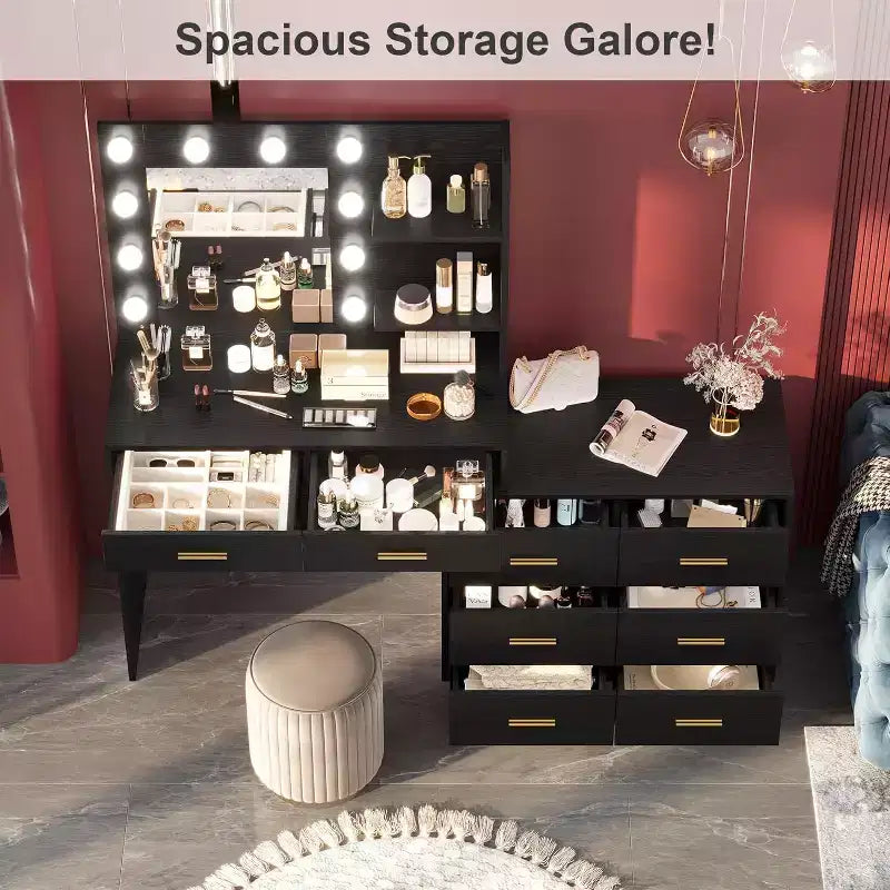 61 Makeup Vanity Desk with Mirror & Lights, 8 Wide Drawers & 2 Shelves, 3 Lighting Modes, Adjustable Brightness