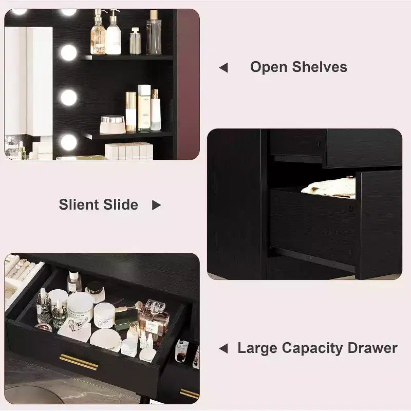 61 Makeup Vanity Desk with Mirror & Lights, 8 Wide Drawers & 2 Shelves, 3 Lighting Modes, Adjustable Brightness