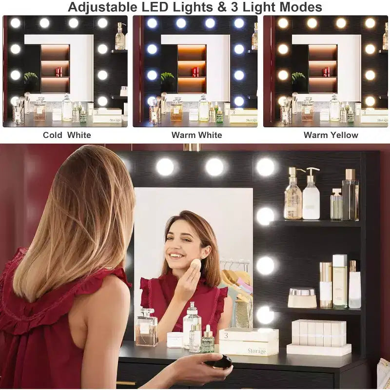 61 Makeup Vanity Desk with Mirror & Lights, 8 Wide Drawers & 2 Shelves, 3 Lighting Modes, Adjustable Brightness