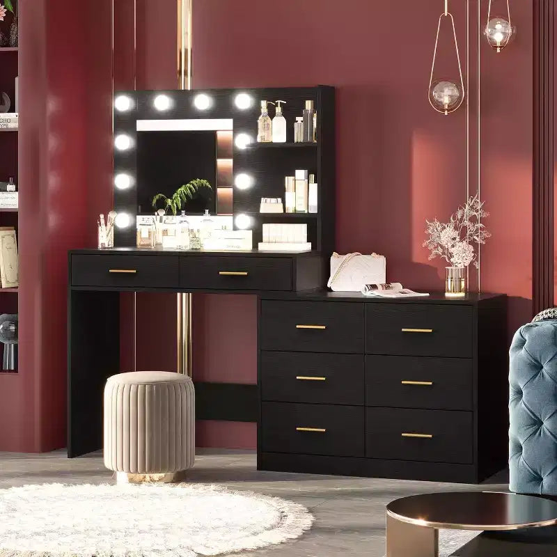 61 Makeup Vanity Desk with Mirror & Lights, 8 Wide Drawers & 2 Shelves, 3 Lighting Modes, Adjustable Brightness