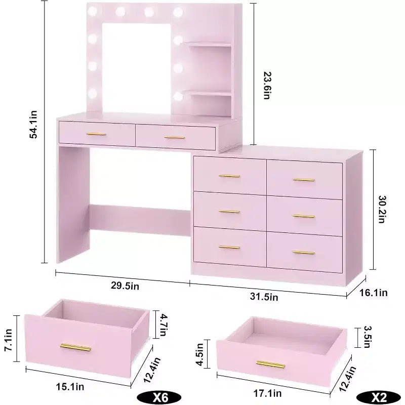61 Makeup Vanity Desk with Mirror & Lights, 8 Wide Drawers & 2 Shelves, 3 Lighting Modes, Adjustable Brightness