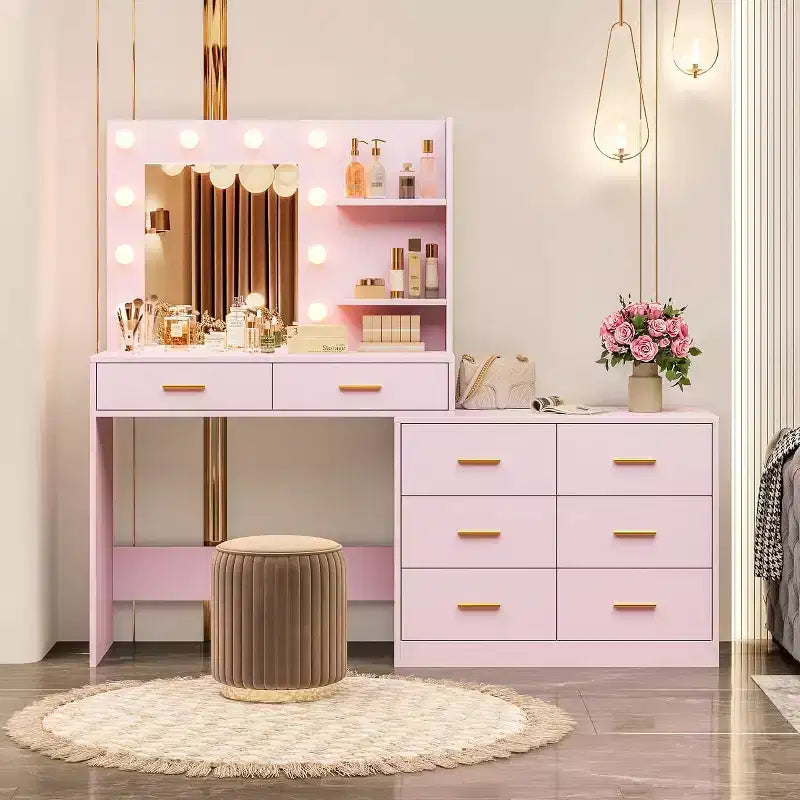 61 Makeup Vanity Desk with Mirror & Lights, 8 Wide Drawers & 2 Shelves, 3 Lighting Modes, Adjustable Brightness