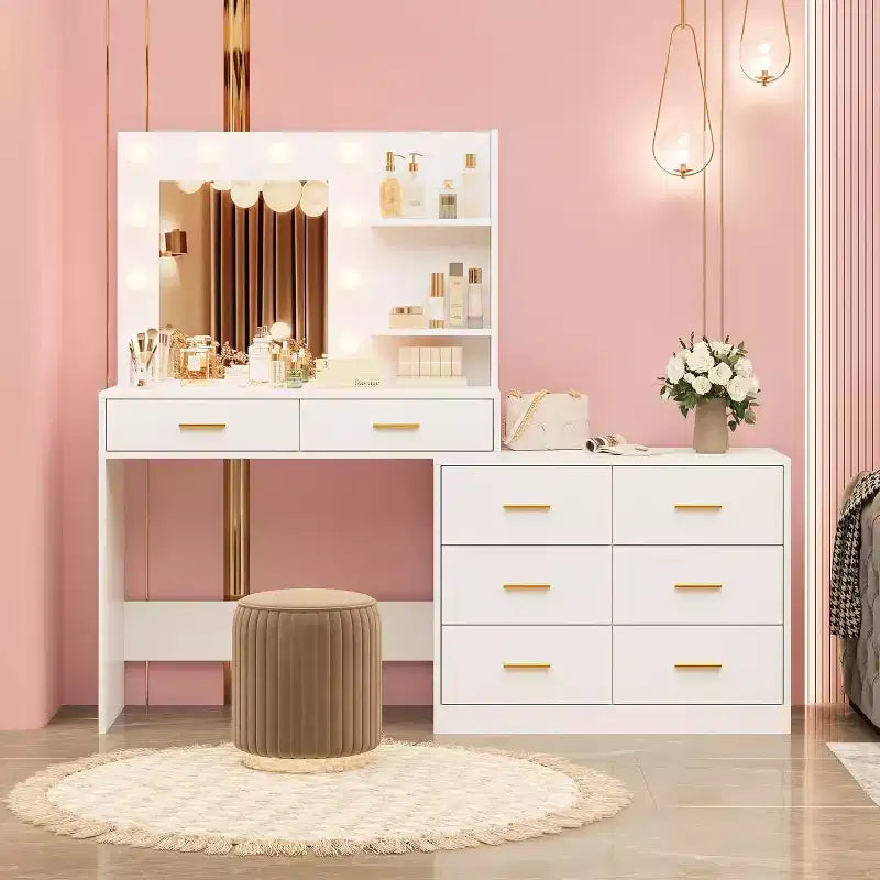 61 Makeup Vanity Desk with Mirror & Lights, 8 Wide Drawers & 2 Shelves, 3 Lighting Modes, Adjustable Brightness