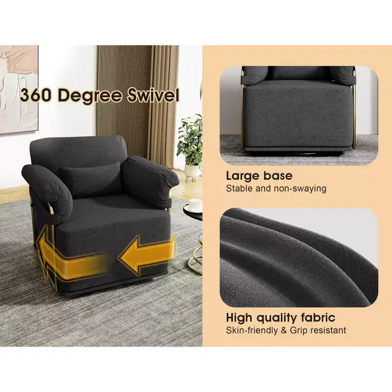 Square Swivel Accent Chair,Fluffy Fabric Upholstered Chair with Golden Metal Legs,Pocket Spring Cushion,Lounge Chair for Living Room,Bedroom