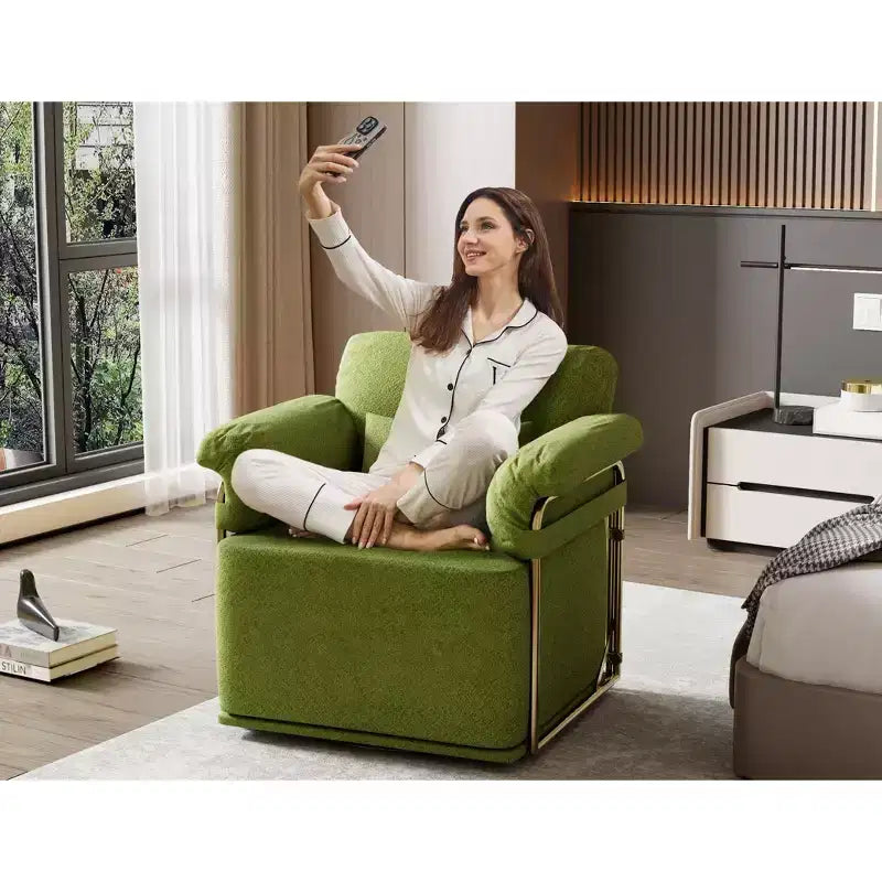 Square Swivel Accent Chair,Fluffy Fabric Upholstered Chair with Golden Metal Legs,Pocket Spring Cushion,Lounge Chair for Living Room,Bedroom