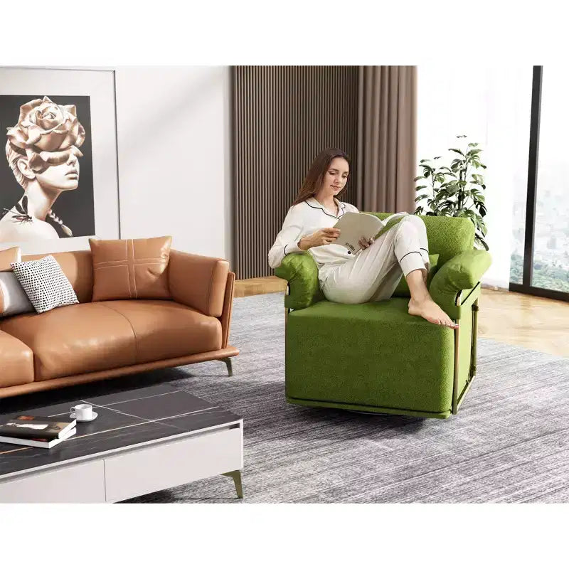 Square Swivel Accent Chair,Fluffy Fabric Upholstered Chair with Golden Metal Legs,Pocket Spring Cushion,Lounge Chair for Living Room,Bedroom