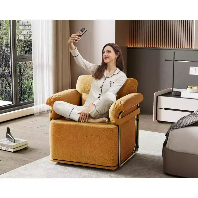Square Swivel Accent Chair,Fluffy Fabric Upholstered Chair with Golden Metal Legs,Pocket Spring Cushion,Lounge Chair for Living Room,Bedroom