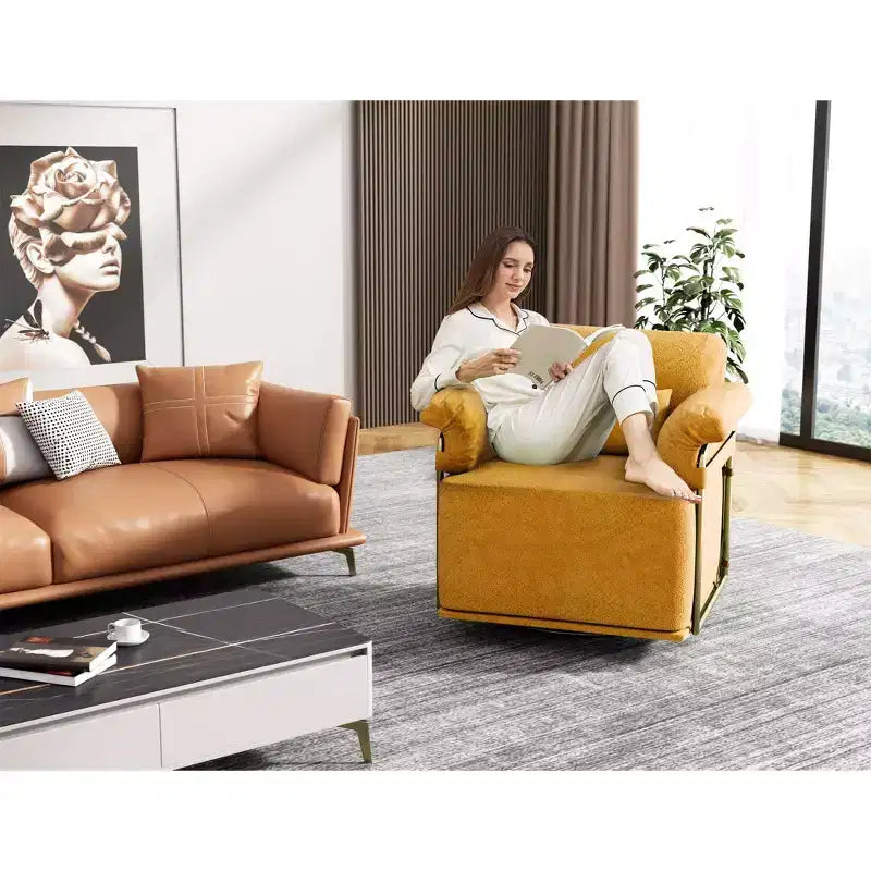 Square Swivel Accent Chair,Fluffy Fabric Upholstered Chair with Golden Metal Legs,Pocket Spring Cushion,Lounge Chair for Living Room,Bedroom