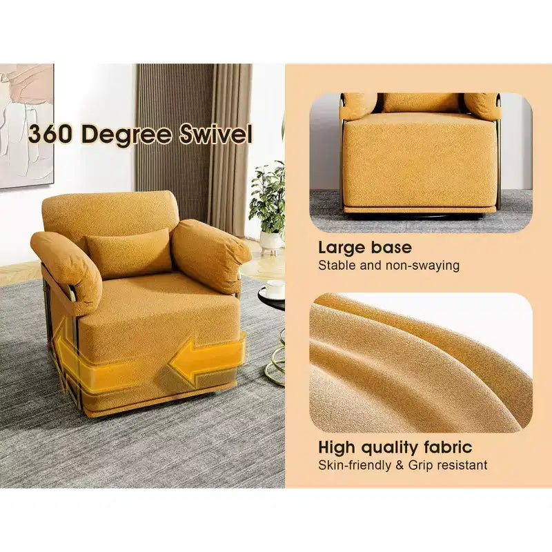Square Swivel Accent Chair,Fluffy Fabric Upholstered Chair with Golden Metal Legs,Pocket Spring Cushion,Lounge Chair for Living Room,Bedroom