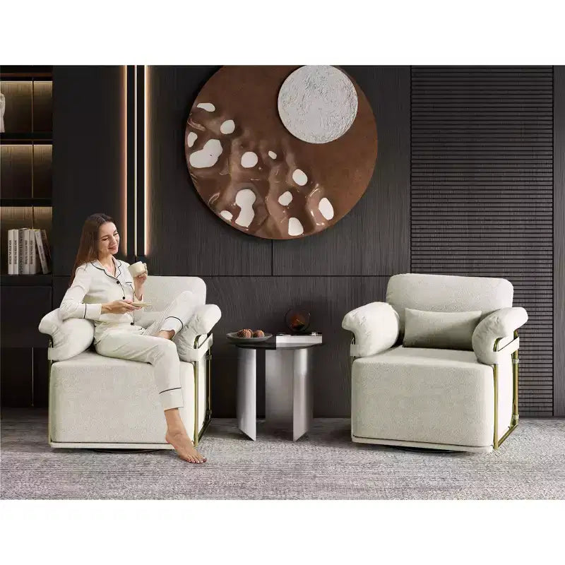 Square Swivel Accent Chair,Fluffy Fabric Upholstered Chair with Golden Metal Legs,Pocket Spring Cushion,Lounge Chair for Living Room,Bedroom