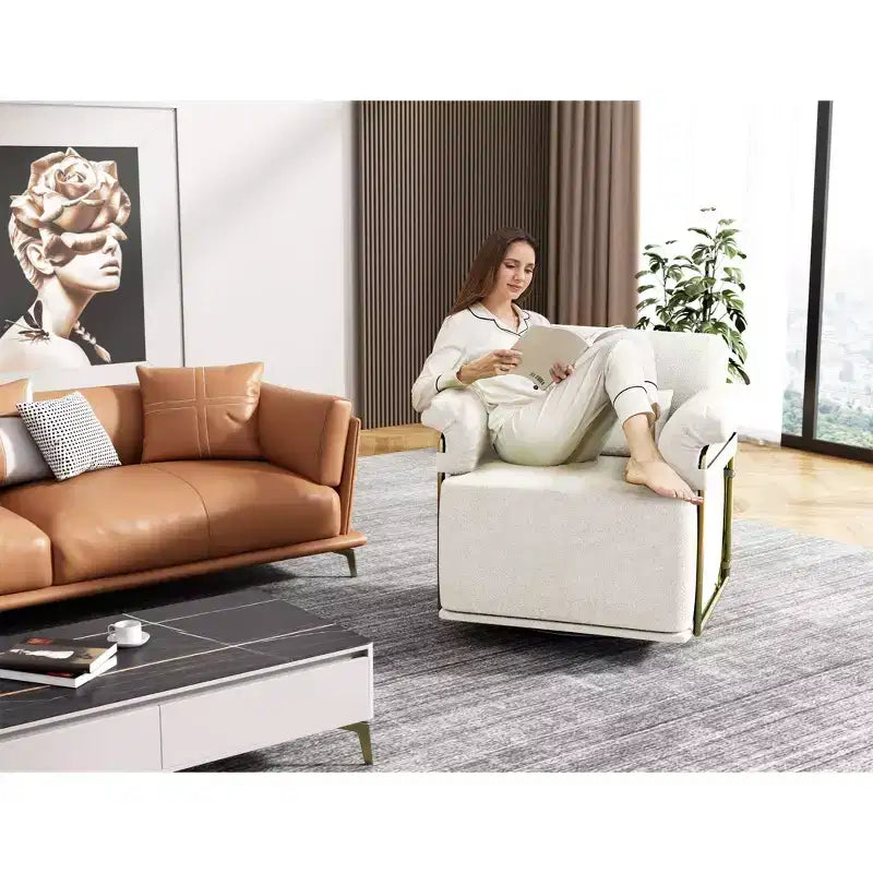 Square Swivel Accent Chair,Fluffy Fabric Upholstered Chair with Golden Metal Legs,Pocket Spring Cushion,Lounge Chair for Living Room,Bedroom