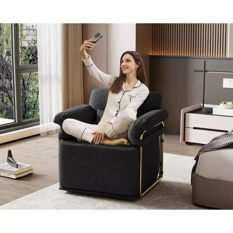 Square Swivel Accent Chair,Fluffy Fabric Upholstered Chair with Golden Metal Legs,Pocket Spring Cushion,Lounge Chair for Living Room,Bedroom
