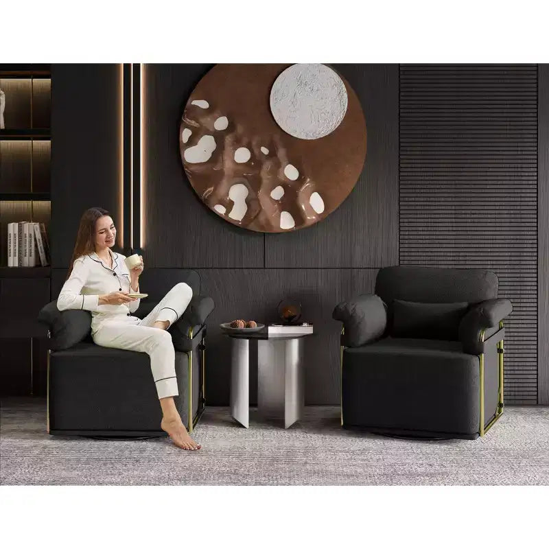Square Swivel Accent Chair,Fluffy Fabric Upholstered Chair with Golden Metal Legs,Pocket Spring Cushion,Lounge Chair for Living Room,Bedroom