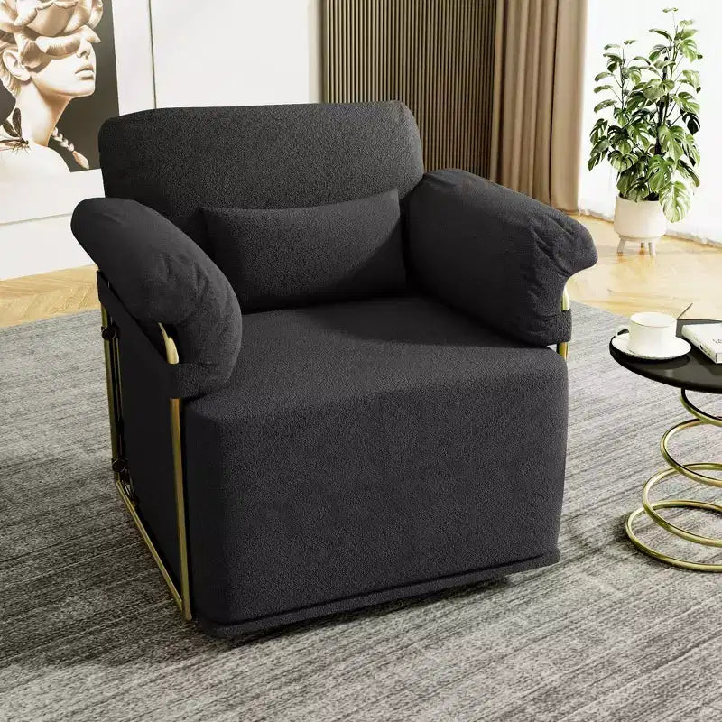 Square Swivel Accent Chair,Fluffy Fabric Upholstered Chair with Golden Metal Legs,Pocket Spring Cushion,Lounge Chair for Living Room,Bedroom