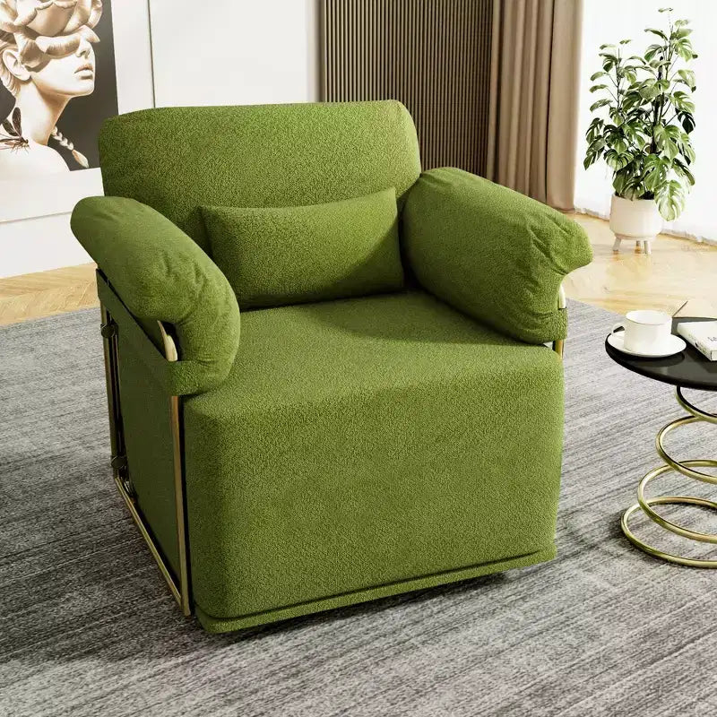Square Swivel Accent Chair,Fluffy Fabric Upholstered Chair with Golden Metal Legs,Pocket Spring Cushion,Lounge Chair for Living Room,Bedroom