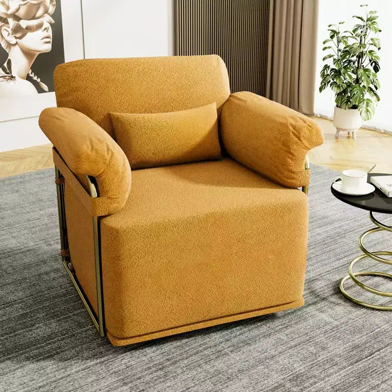 Square Swivel Accent Chair,Fluffy Fabric Upholstered Chair with Golden Metal Legs,Pocket Spring Cushion,Lounge Chair for Living Room,Bedroom