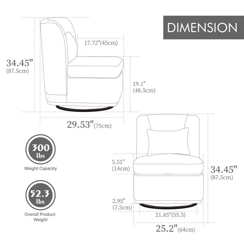 25.2 Modern Chenille Swivel Chair,Chair with Pillow,Pocket Spring Cushion,Metal Base,Armless Accent Chair for Living Room,Office,Lounge
