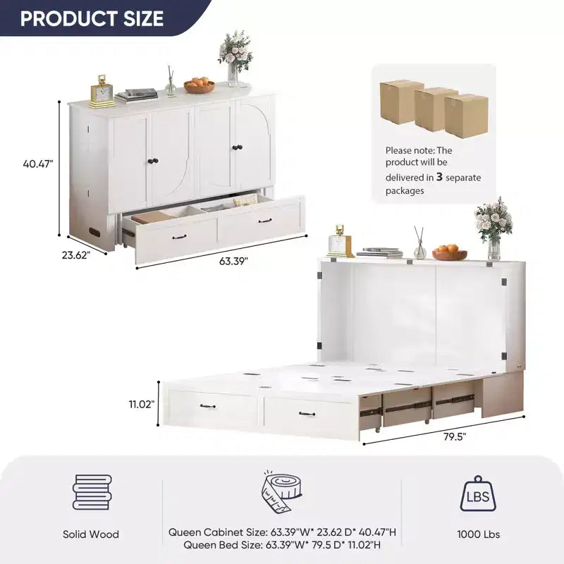 Mjkone Modern Murphy Bed Queen Size with Charging&Storage,Optional Mattress