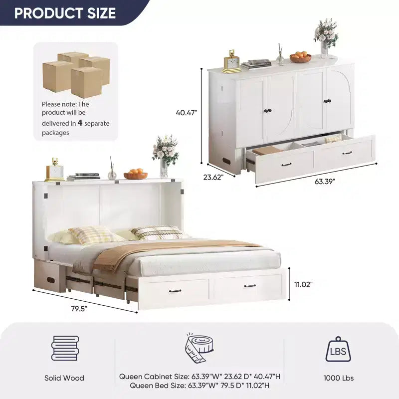 Mjkone Modern Murphy Bed Queen Size with Charging&Storage,Optional Mattress