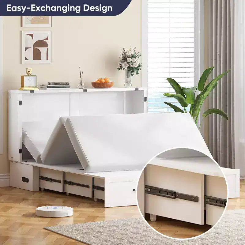 Mjkone Modern Murphy Bed Queen Size with Charging&Storage,Optional Mattress