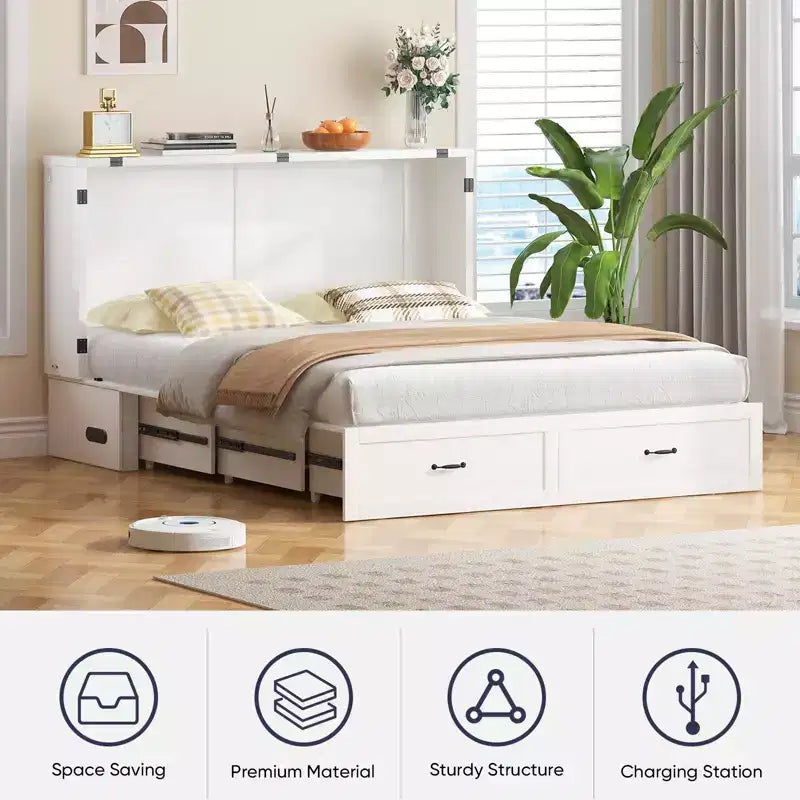 Mjkone Modern Murphy Bed Queen Size with Charging&Storage,Optional Mattress