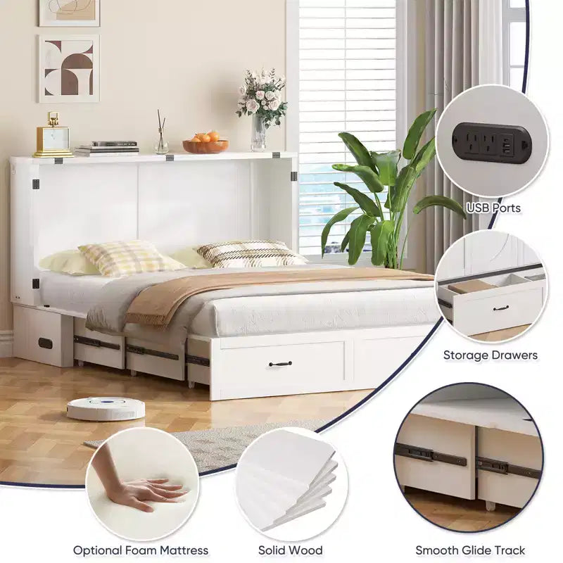 Mjkone Modern Murphy Bed Queen Size with Charging&Storage,Optional Mattress