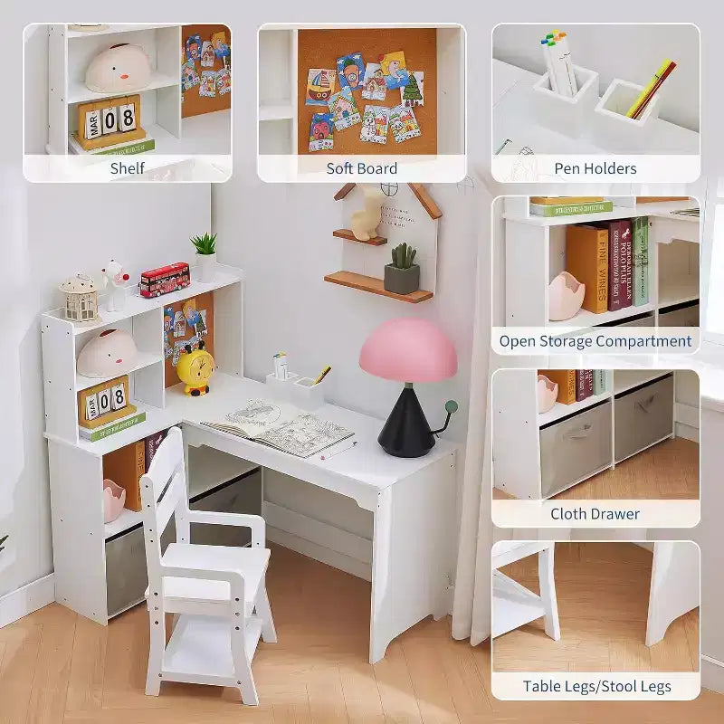 Kids Corner Desk, Desk and Chair Set for Children, L Shape Kids Study Table Features Bulletin Board Open Shelves Storage Cabinets and Cloth Drawers