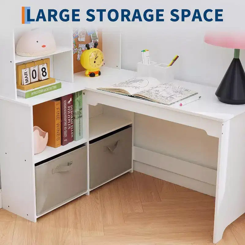 Kids Corner Desk, Desk and Chair Set for Children, L Shape Kids Study Table Features Bulletin Board Open Shelves Storage Cabinets and Cloth Drawers