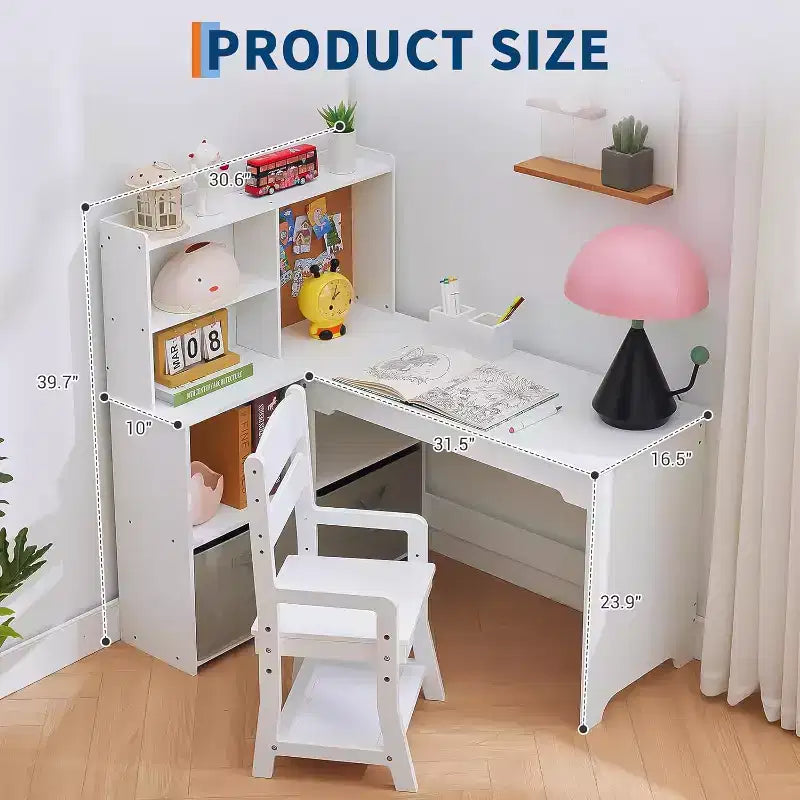 Kids Corner Desk, Desk and Chair Set for Children, L Shape Kids Study Table Features Bulletin Board Open Shelves Storage Cabinets and Cloth Drawers