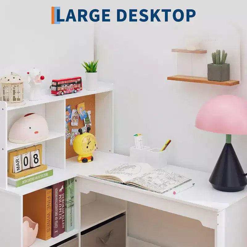 Kids Corner Desk, Desk and Chair Set for Children, L Shape Kids Study Table Features Bulletin Board Open Shelves Storage Cabinets and Cloth Drawers
