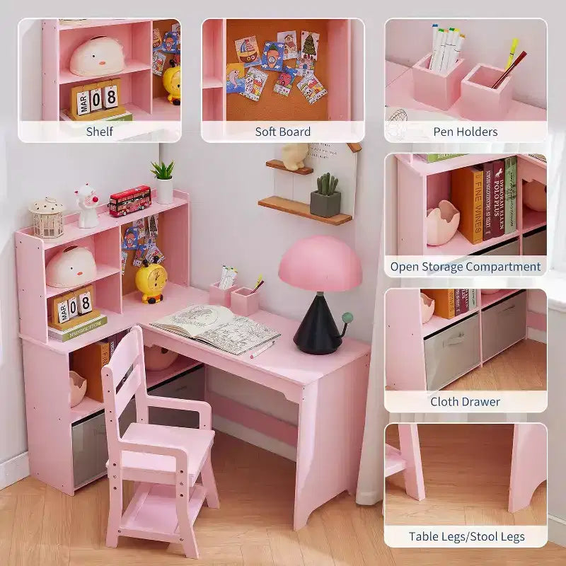 Kids Corner Desk, Desk and Chair Set for Children, L Shape Kids Study Table Features Bulletin Board Open Shelves Storage Cabinets and Cloth Drawers