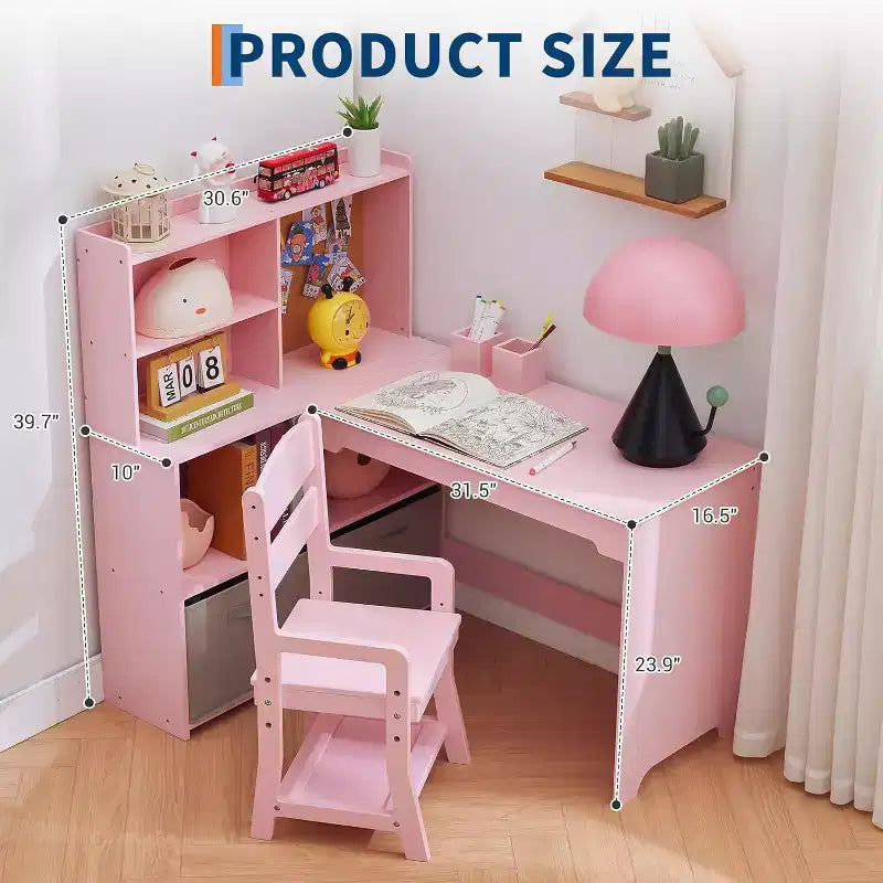 Kids Corner Desk, Desk and Chair Set for Children, L Shape Kids Study Table Features Bulletin Board Open Shelves Storage Cabinets and Cloth Drawers