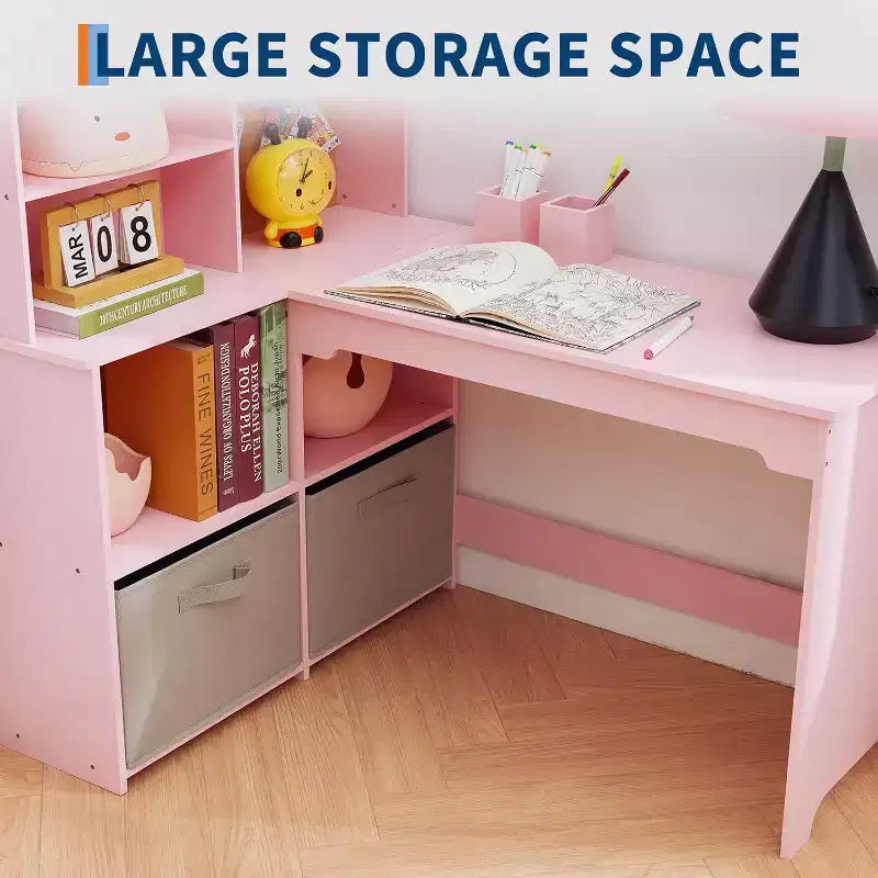Kids Corner Desk, Desk and Chair Set for Children, L Shape Kids Study Table Features Bulletin Board Open Shelves Storage Cabinets and Cloth Drawers